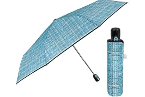 PERLETTI Ombrello Pieghevole Donna Antivento - Ombrellino Leggero Compatto Portatile da Borsa Viaggio - Apertura e Chiusura Automatica - Ombrello Mini Resistente - Diametro 98 cm (Tweed Azzurro)