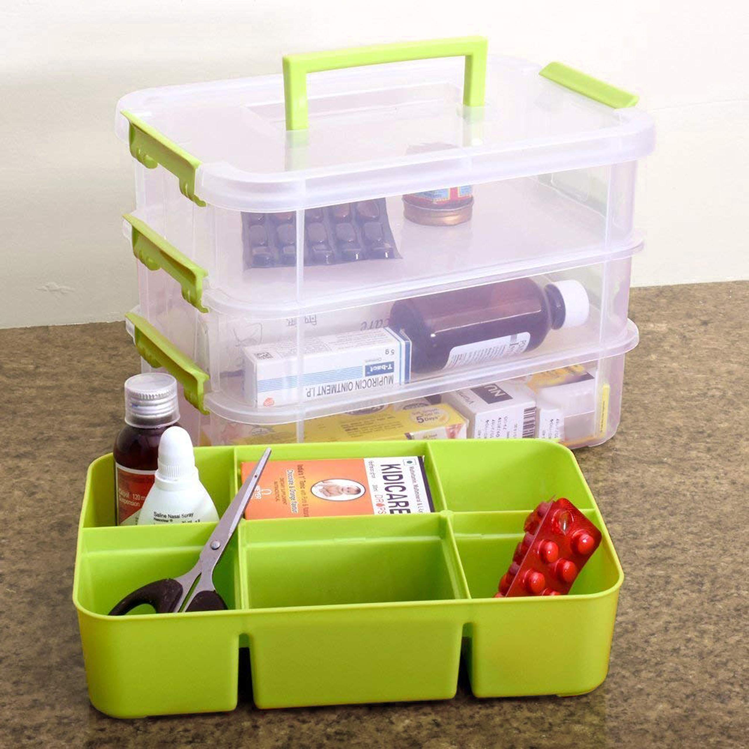 ABOUT SPACE 3 Tier Virgin Plastic Carry Box for Storage with Removable Tray - Transparent Medicine Organizer with Lid & Latch Buckles Stackable Box for Stationery (Assorted - L 26 x B 17 x H 19 cm) - Image 4