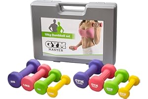 GYM MASTER 10kg Dumbbell Multi Colour Neoprene Soft Touch Hand Weight Set with Carry Case - 0.5kg 1kg 1.5kg 2kg