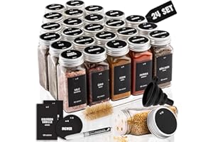 Deco Haus Juego 24 Tarros Especias con Tapa Rosca - Etiquetas, Embudo, Cepillo, Marcador - Va con Nuestros Estantes para Condimentos - Almacenamiento y Dispensador Vidrio Transparente 120ml 10.5x4.3cm