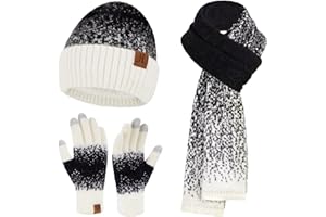 BEQUEMER LADEN Femme Hiver Tricot Bonnet Chapeau Gants Tactiles Longue Echarpe Ensemble avec Doublure en Polaire Chauffants Skull Casquette Gants Foulards