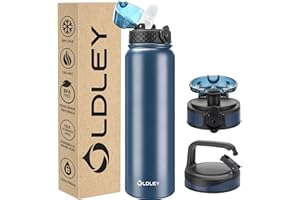 OLDLEY Borraccia in acciaio inox con cannuccia, 1 l, isolata, con 3 coperchi, grande thermos da 1 litro, a prova di perdite, per sport, palestra, campeggio, bicicletta (blu navy, 3 coperchi)