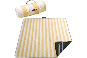 HX&OD Outdoor-Picknickdecke, extra groß, wasserdicht, Picknickmatte mit Heringen, faltbar, Campingdecke, tragbar mit Tragegurt für Strandmatte, Gelb und Weiß, 203 x 203 cm