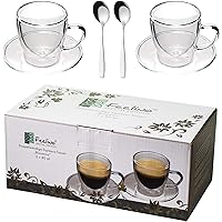 Feelino 2X 80ml doppelwandige Espresso-Tassen + 2X Edelstahl-LÖFFEL Espressolöffel, mit Henkel und Untersetzer, modern…