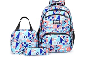 Eucomir Sac a Dos Scolaire Grand Sac avec Sac à Déjeuner et Trousse à Crayons,Cartable Fille Garcon Primaire Enfant,Sac de Voyage pour l'école, Les Loisirs,3 Pcs Sacs à Dos Bleu