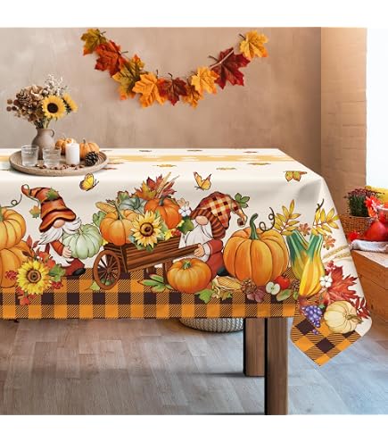 Artoid Mode Tovaglia Autunnale A Quadri Buffalo Arancione 140x110 Cm - Con Zucche E Eucalipto - Decorazione Da Tavola