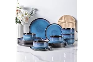 LeRatio Dinner Set for 6, 18 Piece Stoneware Plates and Bowls Set, Chip & Scratch Resistant Reactive Glazed Dinnerware Set, Dishwasher & Microwave Safe Crockery Set (Space Blue, Service for 6)