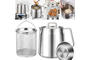 HOUBOBO 2L Deep Fat Fryer with Basket & Strainer, 304 Stainless Steel Deep Fryer Pot, Large Capacity Bacon Grease Container for Kitchen,Frying,Cooking,Camping,Oil Filter Container, Dishwasher Safe
