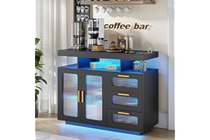 FREDEES Sideboard Buffet Cabinet with Storage, Coffee Bar Cabinet with RGB Light, Modern Coffee Bar Table with Charging Station, Black