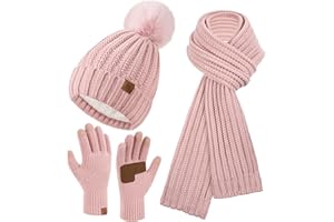Bequemer Laden Damen Winter Warm Mütze Lang Schal Touchscreen Handschuhe Set, Wintermütze Beanie Strickmütze mit Bommel Schals rutschfeste Winterhandschuhe mit Fleece Gefütterte Geschenk Frauen