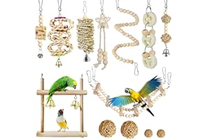Allazone Bird Parrot Toys, 13 PCS Hanging Bell Pet Bird Cage Hammock Swing Toy Wooden Chewing Toy for Conures, Love Birds, Small Parakeets Cockatiels, Macaws