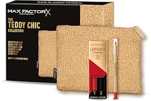 Max Factor, Cofanetto Regalo Donna Teddy Chic, Pochette in morbido tessuto teddy con Rossetto Lipfinity 125 So Glamorous + Colour Elixir Matita Labbra 60 Red Ruby