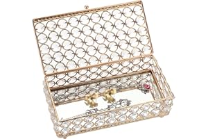 TOLIDA Crystal Jewelry Treasure Box, Trinket Organizer with Mirrored Bottom, Gift Display Box for Necklace, Rings, Earrings, Wedding Birthday Party Centerpiece Decor (Rectangle, Gold, Big)