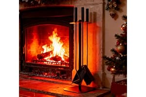 Set di accessori per caminetto Kingson – Set di 3 strumenti per camino con spazzola, attizzatoio e pala – Acciaio rivestito in polvere nero con dettagli decorativi a sfera – 57,5 cm