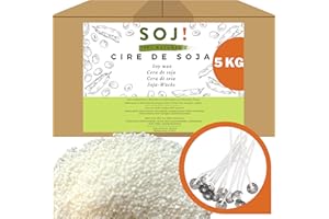 Soj - Cire de Soja 5KG pour bougies SANS OGM 100% Naturelle, E-BOOK+50 MÈCHES OFFERTES! Fabrication de bougies coulées, Cire bougies, Cire à bougie, Conditionnée en France (5KG)