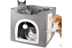 GDGZT Cat Bed, Grey Cat Beds for Indoor Cats, Large Foldable Cat House, 41x41x35cm- Soft Cube Cat Cave Bed with Cat Scratching & Ball, Covered Cat Hideaway for Cats and Small Pets
