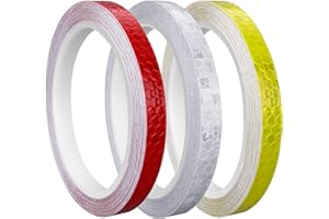 Prasacco Taśma odblaskowa, samoprzylepna, 3 rolki taśmy odblaskowej, 10 mm x 8 m, samoprzylepna, wodoszczelna, odblaskowa, taśma ostrzegawcza do rowerów, kasków motocyklowych (czerwona, biała, żółta)
