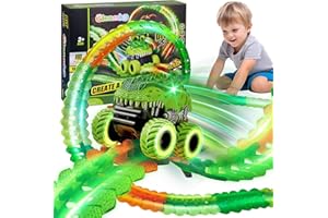 GleamKid Spielzeug ab 3 Jahre Autorennbahn Auto Set,Dinosaurier Auto Spielzeuge,Leucht Flexible Autorennbahn Rennbahn Kinder Spielzeug,Geschenk für Kinder ab 3 4 5 6 7 8 Jahre Jungen Mädche