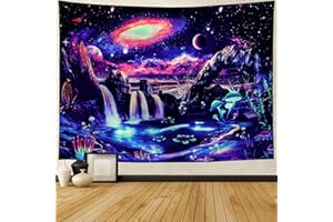 FENDROM Blacklight Galaxy Planet Tapestry UV Reactive Waterfall Landscape Tapestries Fantasy Moon Night Mountain Wave Wall Hanging for Room