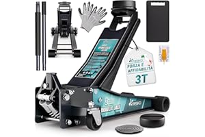 TRESKO Cric idraulico 3T, altezza di sollevamento 75 – 510 mm, cric idraulico per auto Jack piatto con doppio pistone e ruote a 360°, sollevatore auto con 2 cuscinetti in gomma, tappetino protettivo