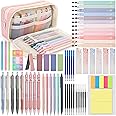 DazSpirit 61 PCS Aesthetic Stationery Supplies with Pencil Case, 12 Pastel Highlighters, 4 Erasable Pens, 5 Gel Pens, 6 Mechanical Pencils, Stationary Set for Students, Note-taking & Journaling (Pink)
