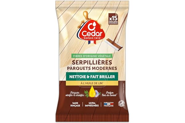 O'Cedar - Serpillères Nettoyantes - Lingettes Sol Jetables Désinfectantes - Sans Rincage - Nettoie et Fait Briller - Huile de Lin - Sol Parquet Bois Vitrifié & Stratifié - Sachet de 15