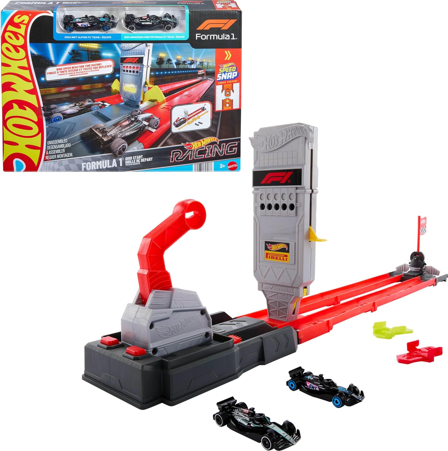 Hot Wheels Racing Formula 1 Grid Start-baanset met 2 auto's | Inclusief 2 officieel gelicentieerde F1 die-cast voertuigen op schaal 1:64 en Speed Snap-baan, zij-aan-zij racen, JKM88