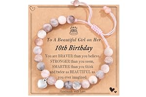 POWWA 4-16 Jahre Geburtstag Geschenke für Mädchen, Pink Zebra Naturstein Armband mit süßem Herzanhänger und Nachrichtenkarte für Tochter/Enkelin/Nichte Birthday Gifts for Girls