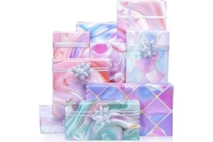 Larcenciel Mermaid Carta Regalo, 6 Fogli di Carta da Regalo Metallizzata Luccicante con Fiocchi con Nastro,A Tema Oceanico con Motivi di Perle, Ideale per Compleanni, Feste,Matrimonio,70 x 50CM