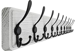 SKOLOO Garderobenleiste Holz, Vintage, Stabile Kleiderhaken Wand mit 10 Dreifachhaken, zum Aufhängen von Kleidung, Mantel, Hüten, Jacken, Rucksack, Hakenleiste Holz Schwarz auf Weiß