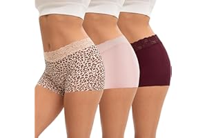 INNERSY Boxer Shorts Women Cotton Ladies Boxers Underwear Mid-rise Lace Boyshort Panties Pack of 3