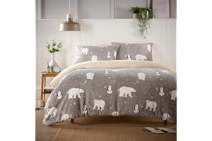 Olivia Rocco Teddy Fleece Duvet Cover Set Printed Super Soft Quilt Sets Check Stars Stag Design Warm Winter Bedding With Sherpa Reverse (Double, Polar Bear & Penguins)