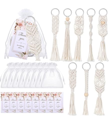 Macrame Boho Keychains Handcrafted Set Of 12 - Cotton Tassel Keychains For Car Keys, Purse, Bag Charm