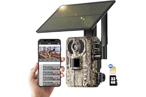 NUASI 4G Cámara de Caza con SIM y 32GB Tarjeta de Memoria, Solar Cámara Caza Nocturna para Vigilancia de Vida Silvestre, Tiempo de Activación 0.2s, IP66 Impermeable