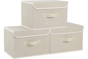 ENUMAIL Storage Boxes, Cube Fabric Baskets with Flip-Top Lid and Handles, Bins for Organizing Home, Office and Closet, Grey and Beige, 3 Pack, 33x23x20cm