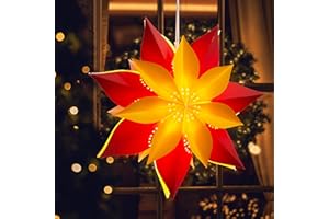 EANLOLY Christmas Star Illuminated, Paper Stars Christmas, 3D Star Window, Christmas Decoration Indoor for Hanging with Lighting, Luminous Star Fairy Lights, Red, Diameter 45 cm