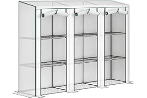 Outsunny Invernadero de Exterior de 3 Niveles Invernadero de Jardín con 9 Estantes Puerta Enrollable con Cremallera Marco de Acero Cubierta de PE 140g/m² Anti-UV para Terraza 215x46x151cm Blanco