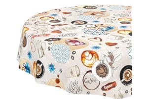 ANRO Tovaglia cerata, lavabile, per giardino, impermeabile, rotonda, 140 cm, con bordo tagliato, Coffee Time