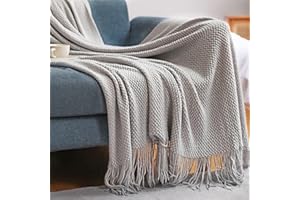 Hayisugal Miękki koc wełniany, z frędzlami, w stylu boho, koc na sofę, łóżko, krzesło, jasnoszary, 150 x 230 cm