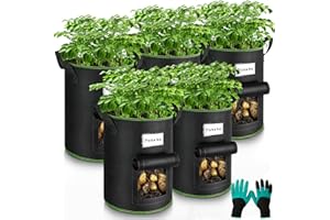 Enbagold Kartoffel Pflanzsack, 5 Stück 40L Pflanzsäcke mit Gartenhandschuhe, Vliesstoff Pflanztasche mit Griffe und Sichtbarem Fenster, Pflanztopf für Kartoffeln, Tomaten, Erdbeeren