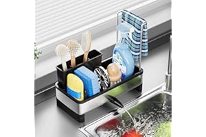 JOUING Organizador Cocina Organizador de Fregadero de Acero Inoxidable Soporte para Esponja de Drenaje Autodrenante Sink Caddy para Toallero, Esponja, Cepillo, Paño, Líquido Lavavajillas (Negro)