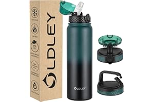 OLDLEY Borraccia Acciaio Inossidabile con Cannuccia 1L Isolamento Sottovuoto Grande Borraccia Metallo Bottiglie d'Acqua Tenuta Stagna Mantiene Le Bevande Calde Fredde per Campeggio Palestra con 3 Coperchi