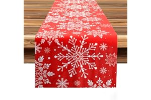 FUKAISU Zimowy Bieżnik na Stół Świąteczny, 180x35cm Czerwono-Biały Bieżnik w Kształcie Płatka Śniegu Świąteczna Dekoracja Stołu do Domu Kuchni Jadalni na Imprezę