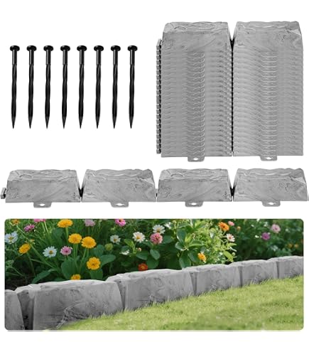 VOUNOT Borde De Jardín Efecto Piedra De PP – Set De 60 Bordes De 25x23 Cm, Total 15 Metros, Sistema De Enclavamiento Fácil, Resistente A Intemperie Y UV