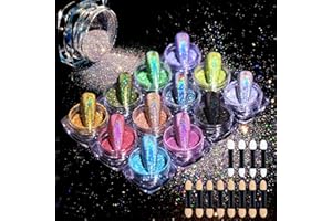 MKNZOME 12 Colores Polvo para Uñas Efecto Espejo y Metálicas, Brillo Holográfico para Uñas, Palos de Sombra de Ojos, Cara, Nail Art, Cabello, Cuerpo, Decoración