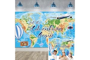 TENCOW Fotohintergrund mit Reisemotiv "Adventure Awaits Birthday", "Let The Adventure Begin", Weltreise, Abschlussfeier, Babyparty, Party-Dekoration, Zubehör (177,8 x 101,6 cm)