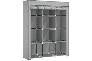 HOMCOM Fabric Wardrobe, Portable Wardrobe, Clothes Storage Unit with 8 Shelves, 2 Hanging Rods, 125 x 43 x 162.5 cm, Light Grey