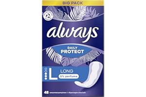 Always Dailies Protect Protège-Slips Long 48 Unités, 0% de parfum, Confortable Avec Cœur Absorbant