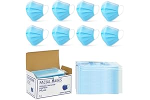 Bottari Mascherine Facciali 3 Veli Monouso – Imbustate Singolarmente, Certificate CE, Dispositivo di Protezione Individuale, con Elastici Morbidi, Confezione da 50 Pezzi