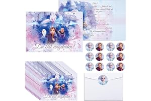 Oirigaga Einladungskarten Kindergeburtstag Mädchen, 12pcs Froze Deutsche Geburtstag Einladungskarten, Partyeinladungen mit Umschlägen Aufklebern, Eiskönigin Eisa Prinzessin Einladung Set für Kinder